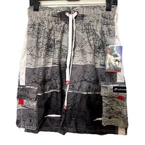 Surf Mentality Mens S Swim Trunks Gray White Abstract Drawstring Cargo Pockets